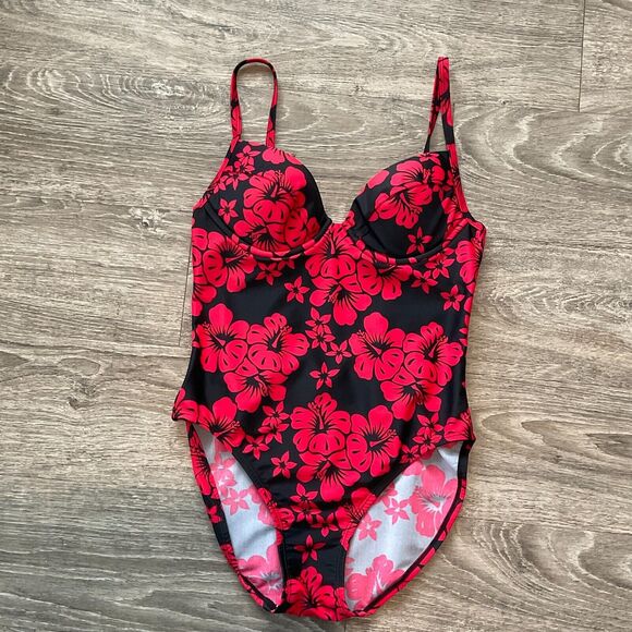 Victoria's Secret Floral One Piece Swimsuit Vintage Black‎ Red Hibiscus Size 6B - Picture 1 of 7
